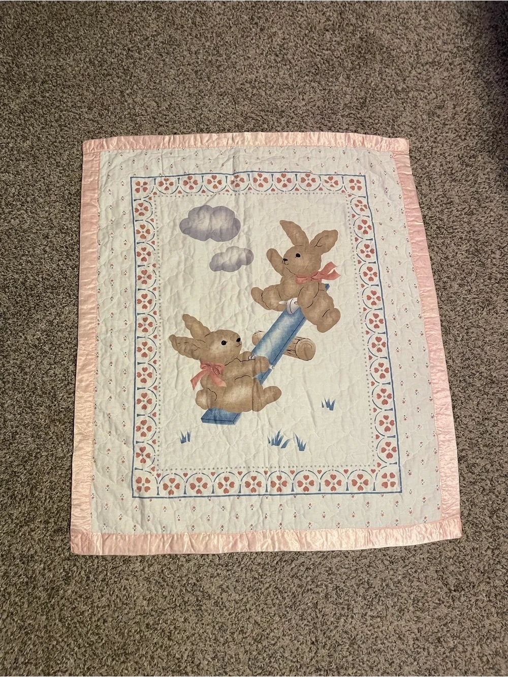 Vintage crib Bunny Seesaw Baby Quilt - Pink Trim
